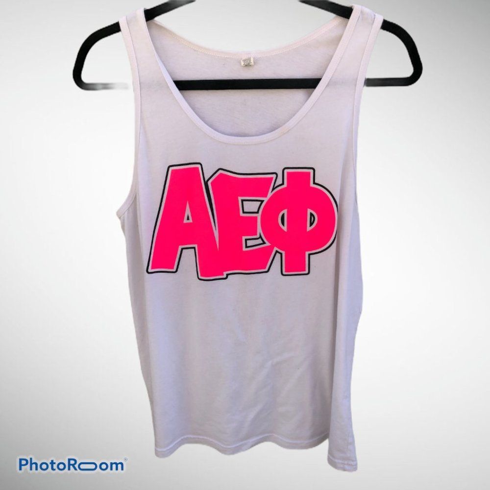 AEPhi - White Tank Top with Pink Greek Letters M 0234